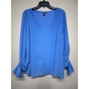 Vince Camuto Blue Swiss Dot Blouse XL V-Neck Smocked Sleeves